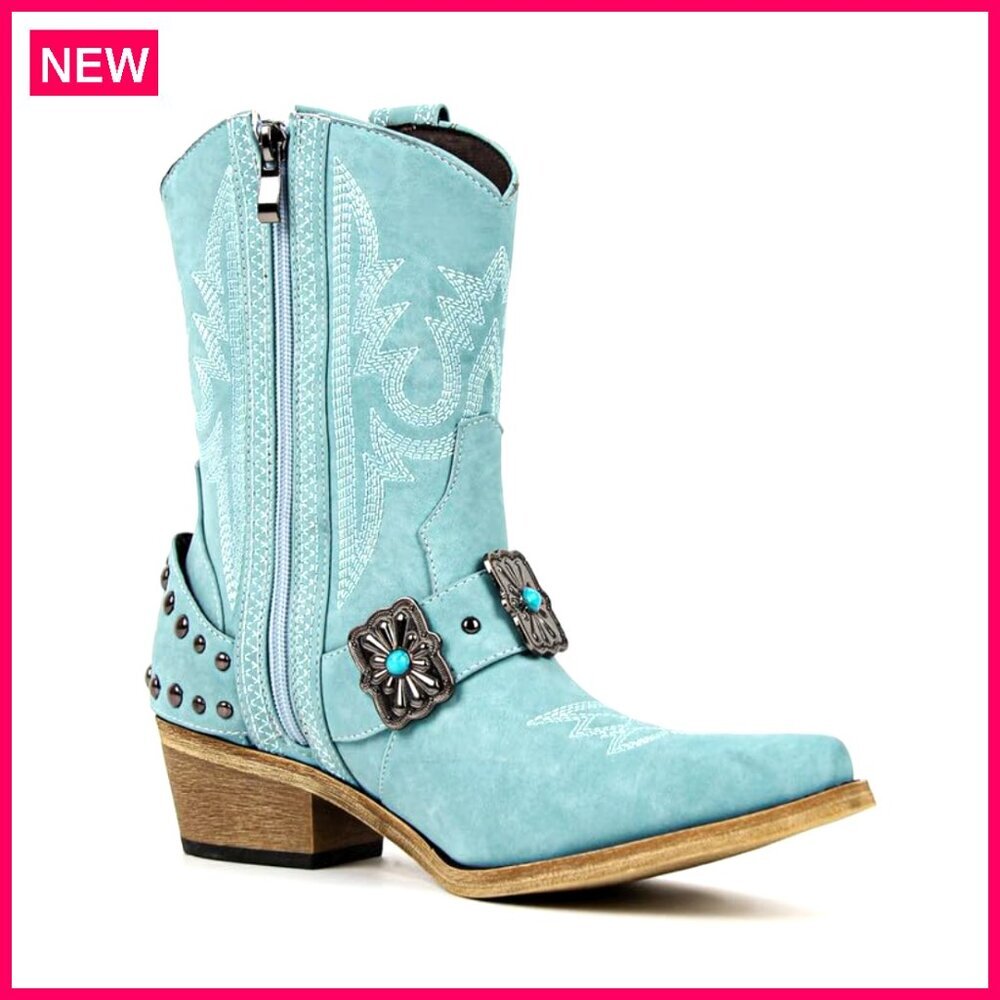 Western Ankle Boots with Embroidery Studded Harness 2-Inch Heel - Picture 3 of 6